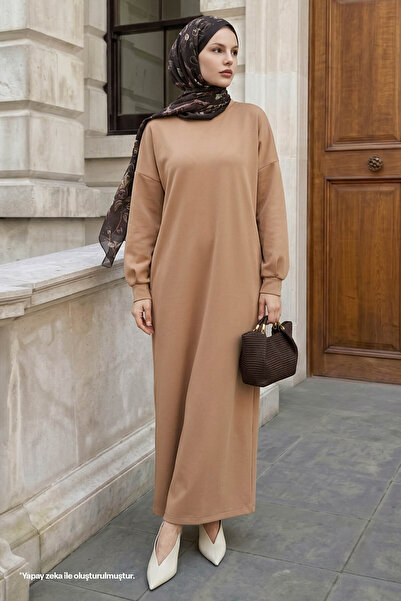 InStyle Nevra Scuba Dark Beige Dress with Pockets