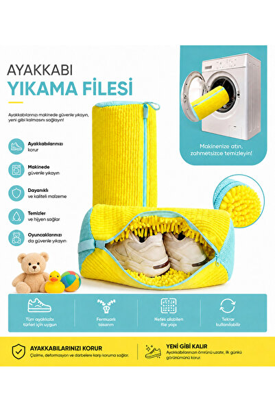 Oyuncak ve Ayakkabı Yıkama Filesi Fermuarlı Tekrar Kullanılabilir Dayanıklı Çamaşır Makinesi İçin Oyuncak Yıkama Torbası SARI