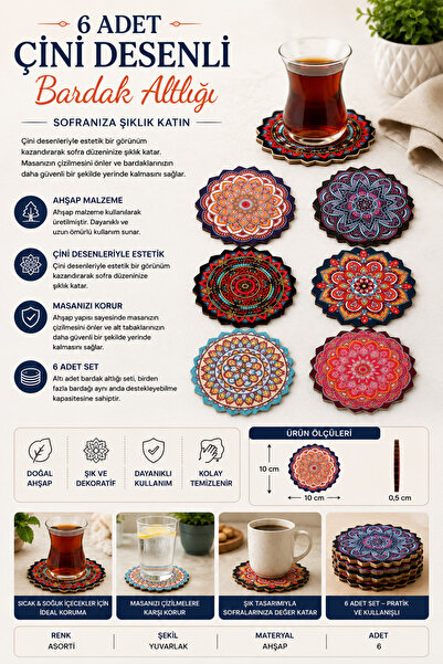 Lilya Home 6 Adet Çini Desenli Bardak Altlığı