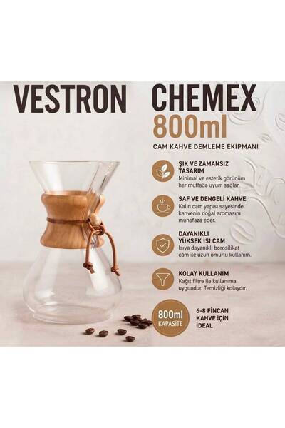 VESTRON Chemex Borosilikat Cam Kahve Demleme Sürahisi Ahşap Tutacaklı Filtre ...