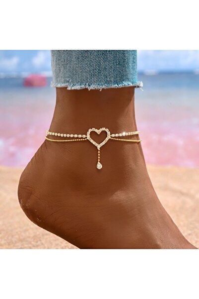 Choice gold Shiny Bling Heart Drop Tassel Charm Double Layer Anklet Women Bea...