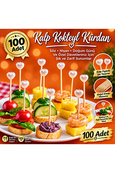 KREATİF HEDİYELİK 100 Adet Kalpli Kokteyl Kürdan  Söz Nişan Doğum günü