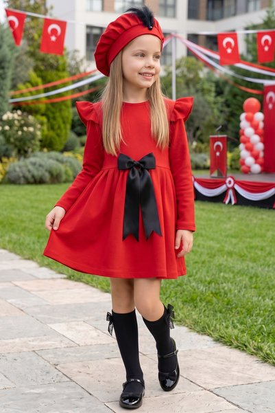 Parla Kids Girl's Red Sofia Cotton Bow Detailed Christmas Dress and Hat Set, October 29 Show Outfit