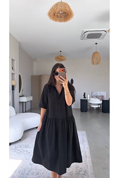 Buket Teke Black Poplin Fabric Shirt Dress