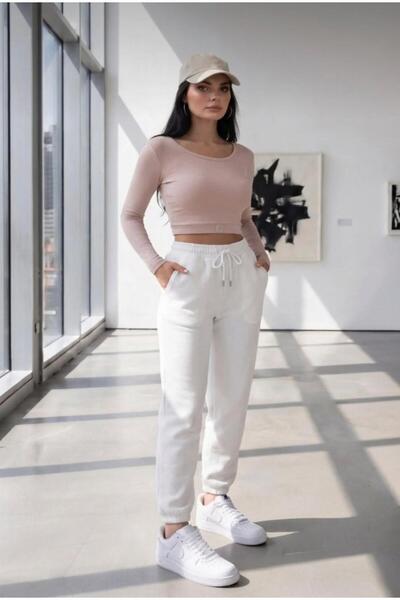 CAST COLLECTİON Women's White 3 Thread Combed Cotton Sweatpants