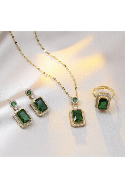 Choice Green 4PCS Sets Exquisite Quadrate Rhinestone Necklace Earrings Ring J...