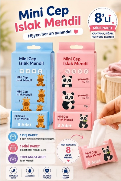 Kitchen Beauty 8 Paket 64 Yaprak Mini Islak Mendil Taşınabilir Çanta Boy Cep ...