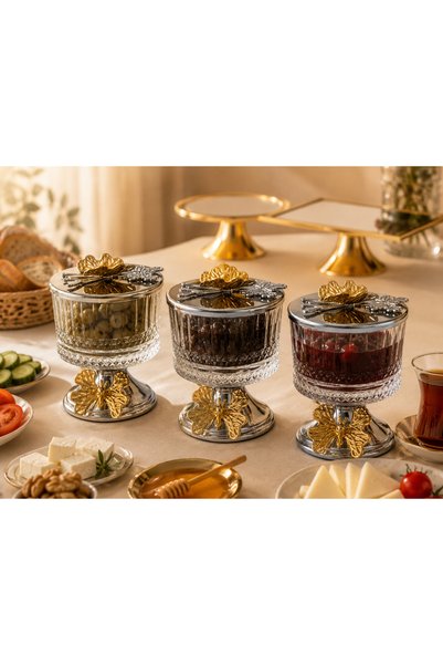 Fiyakalı Ürünler Atölyesi 3-Piece Footed Silver Timeless Glass Magnolia Bowl, Butterfly Lid Ice Cream Bowl, Sugar Bowl, Cookie Bowl