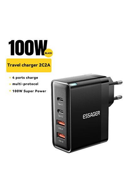 essager EU Black 2A 2C 100W USB Type C Charger 65W PD Quick Charge4.0 3.0 Typ...