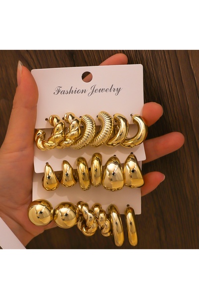 Choice E3006-1 18pcs/Set Luxury Gold Chunky Twist C-Shape Teardrop Earring Se...