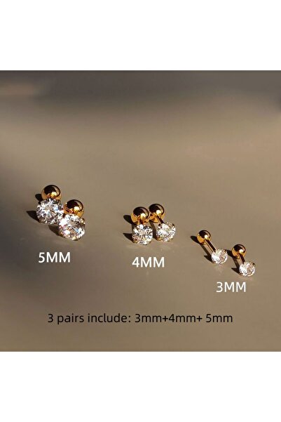 Choice A103-3pairs-golden 3Pairs Classic Round Cubic Zirconia Stud Earrings F...