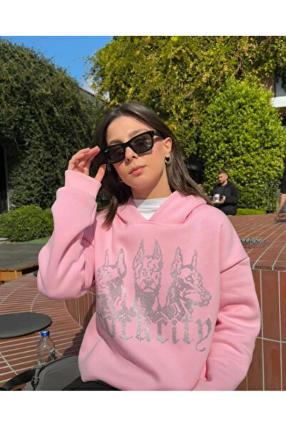 rockcity Pembe Taşlı Kapşonlu Oversize Sweatshirt