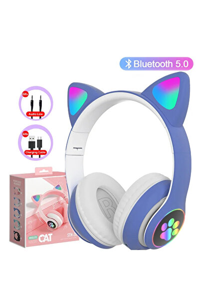 Choice Blue 5.0 Bluetooth Headphones JST-28 Cat Ear Cute Series Wireless Led ...