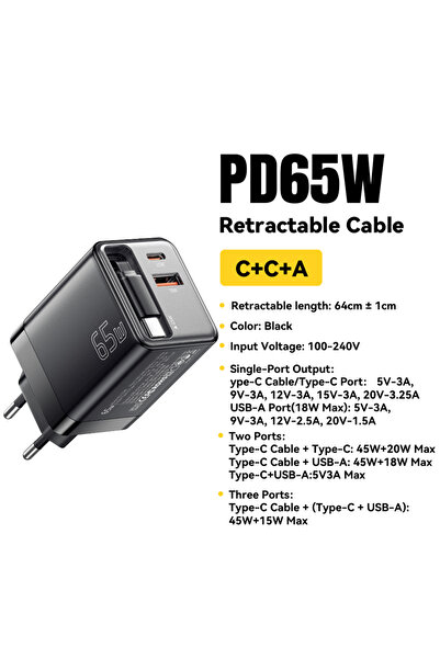 Choice EU Black Charger Essager 65W GaN Charger with Retractable Cable PD Fas...