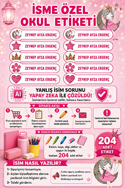 Ayza Tasarım İsme Özel Su Geçirmez Okul Etiketi Sticker Kişiye Özel Kız Çocuk...