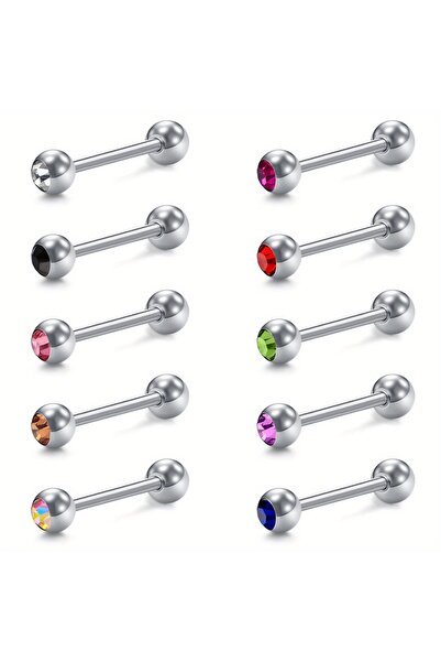 Choice 14mm 10pcs 14 Gauge With Rhinestone Straight Barbell Metal Tongue Pier...