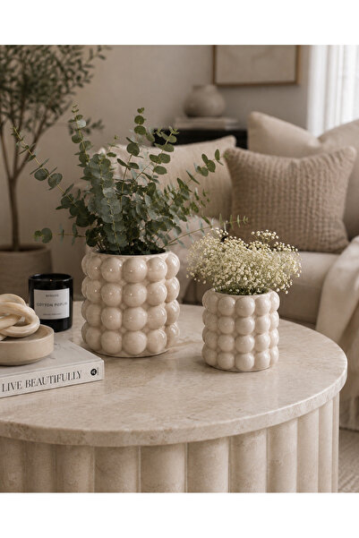 YS COLLECTION YŞ Home - 2’li Bubble Seramik Dekoratif Vazo Krem Modern Minima...