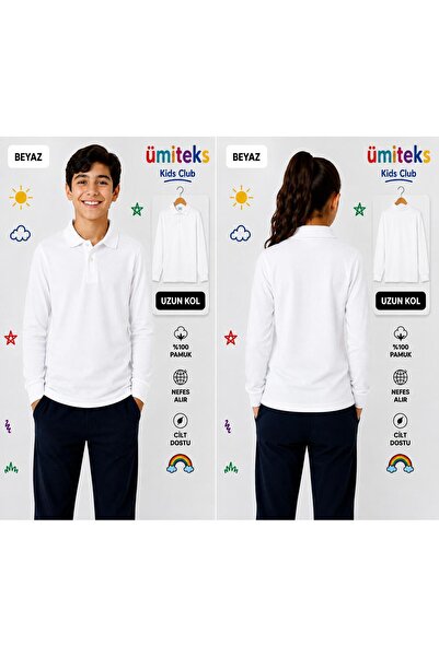 ümitteks iş ve okul kıyafetleri Combed Polo Collar Long Sleeve Plain White Sc...