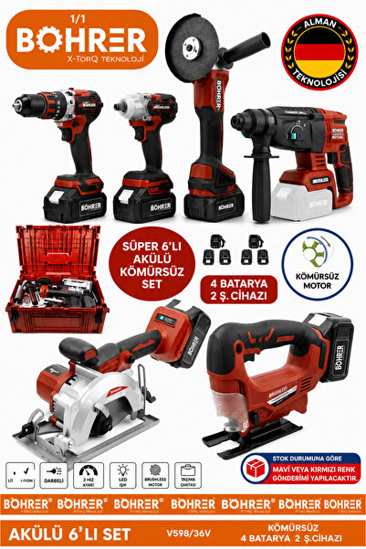BÖHRER Alman 4 Akülü 2 Şarjlı Kömürsüz V598 5ah Profesyonel 6 Makine Kombo Se...