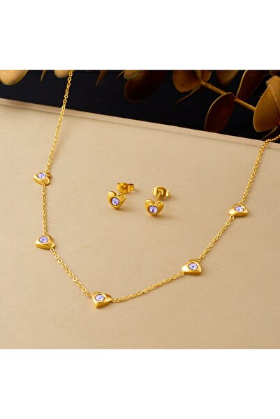 Choice N3851 316L Stainless Steel Heart Zircon Golden Necklace Earrings Set F...