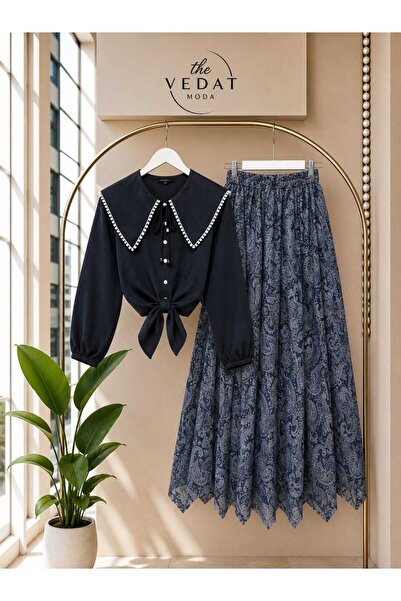 MODA VEDAT Women's Scallop Collar Shirt - Patterned Asymmetrical Cut Skirt Se...