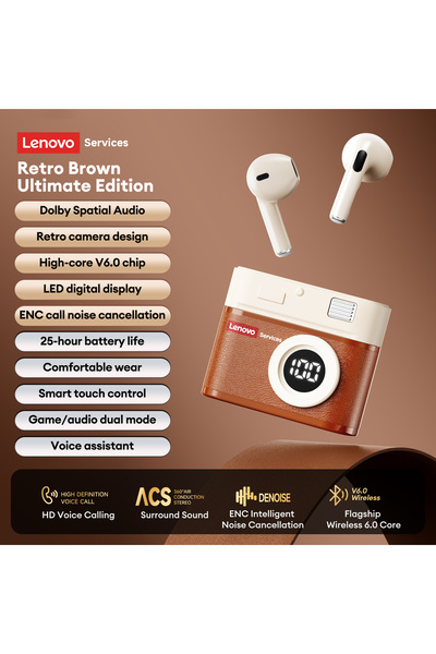 Choice LE218 Brown Lenovo LE218 Bluetooth 6.0 Vintage Leather Wireless Earbud...
