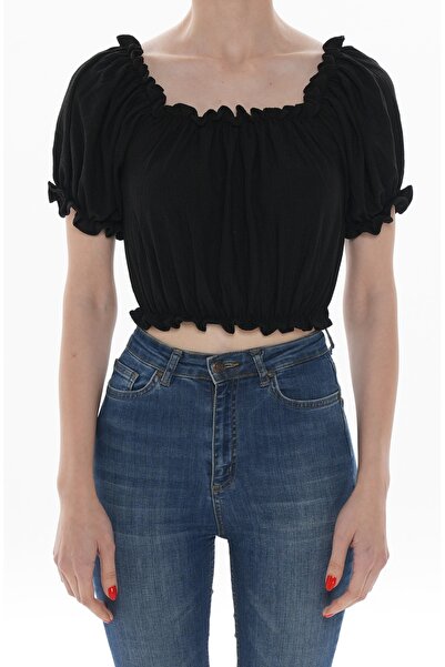 Kadın Beli Büzgülü Bürümcük Crop Düz Renk Siyah