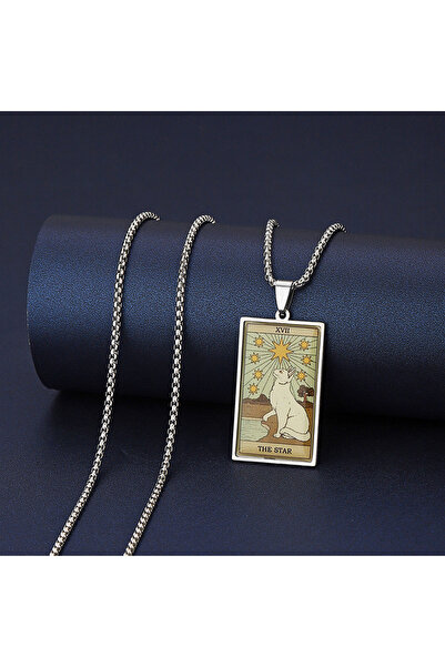 Choice The Star Fashion Stainless Steel Epoxy Cat Tarot Card Necklace For Men...