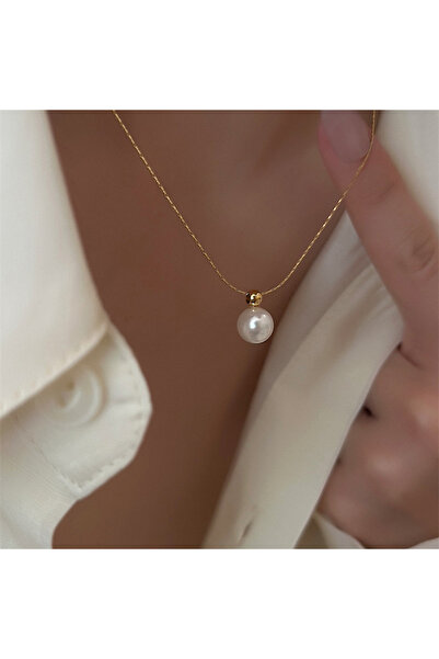 Choice Gold Fashionable Minimalist Stainless Steel Faux Pearl Pendant Necklac...