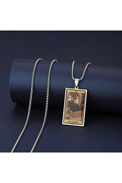 Choice The Hermit Fashion Stainless Steel Epoxy Cat Tarot Card Necklace For M...