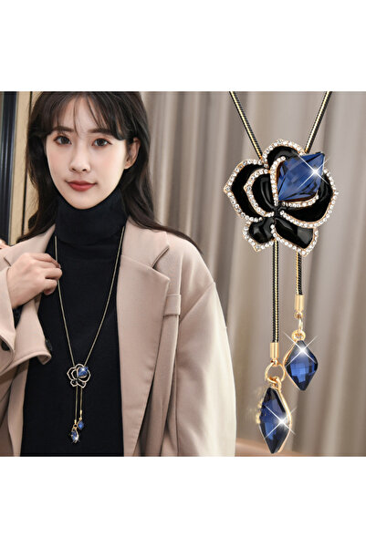 Choice Blue Women Camellia Flower Pendant Necklaces 2024 Elegant Long Sweater...