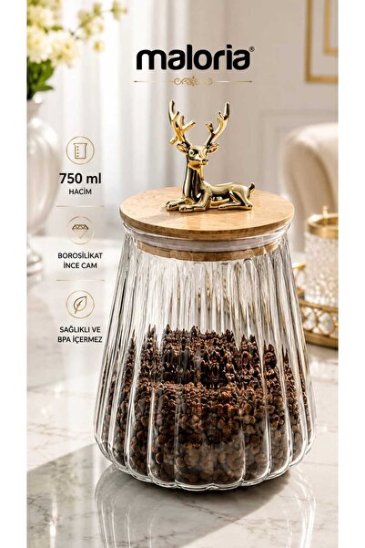 Maloria Çizgili Bambu Vakum Kapaklı Geyik Kavanoz | 750ml - Tekli