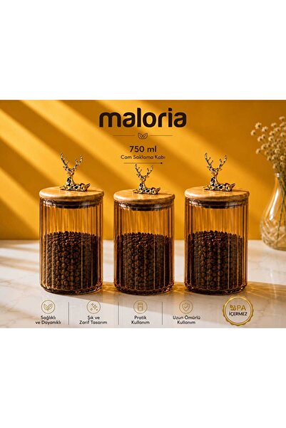 Maloria Bambu Gold Geyik Kapaklı Amber Renk Silindir Çizgili Kavanoz | 3x750m...