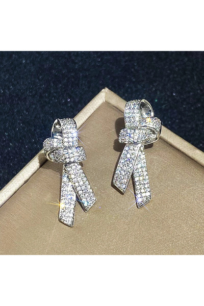Choice E3319 Huitan Bow Shaped Stud Earrings for Women Silver Color Sparkling...