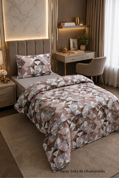 HOMENUP طقم غطاء لحاف مفرد مقاس 100×200 بتصميم منقوش باللون البني والرمادي