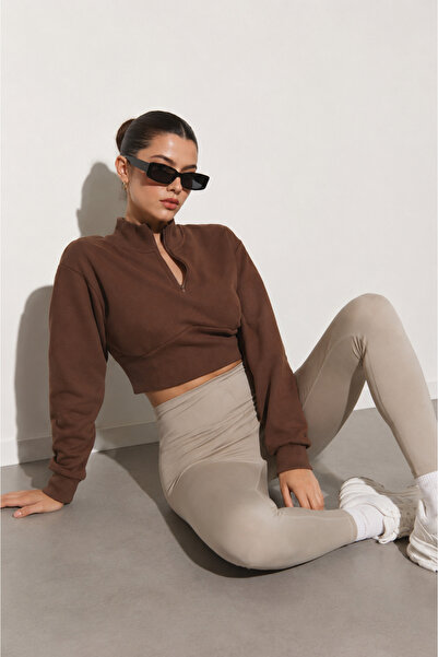 Merci Women's Brown Zippered Crop Sweatshirt