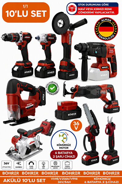 BÖHRER Alman 10 Makine Kombo Set BA01082K 6 Akülü 2 Şarjlı Kömürsüz V598 5Ah ...