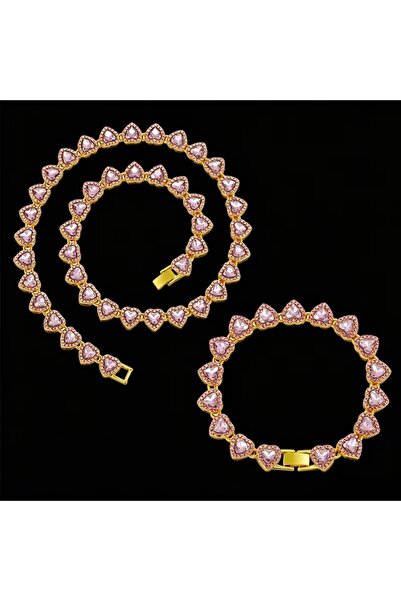 Choice12 Gold-Pink Set Trendy Shiny Heart Zircon Hip Hop Rock Tennis Chain Je...