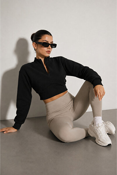 Merci Kadın Siyah Fermuarlı Crop Sweatshirt