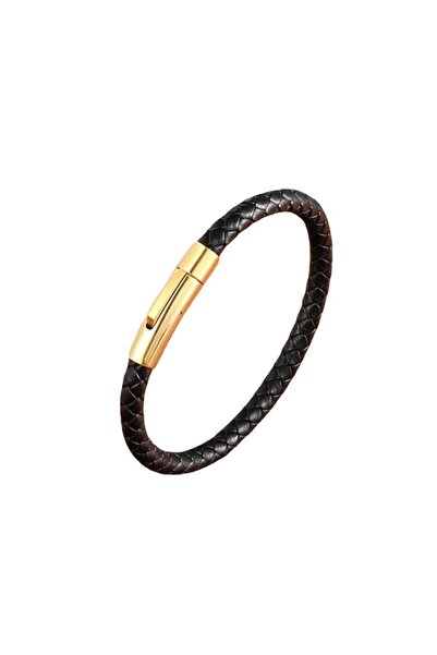 Choice5 23cm Gold-Black Quality Leather Bracelet for Men Women Stainless Stee...