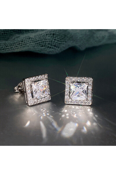 Choice E1025 Huitan Luxury Princess Cut CZ Stud Earrings Silver Color Accesso...