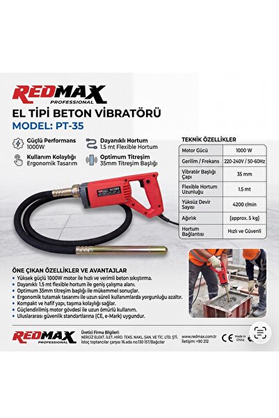 REDMAX EL TİPİ BETON VİBRATÖRÜ 1000WAT 35MM 1,5 METRE HORTUMLU