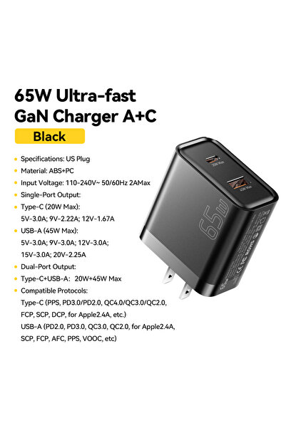 choice2 ESSAGER US Black A C Essager 65W GaN Charger QC 4.0 PD 3.0 Type C USB...