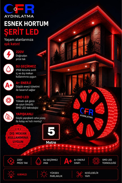 CFR Hortum Esnek Şerit Led Beyaz ,Günışığı,Amber,Kırmızı,Mavi Rengi + 220v Fi...
