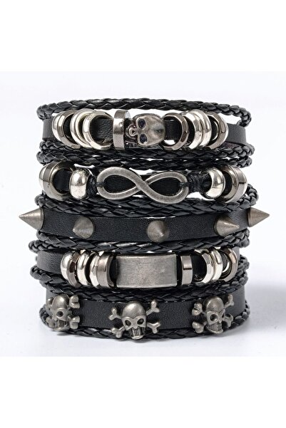 Choice 5PCs Men's Combination Bracelet Set Multi-Piece Hand Woven Leather Str...