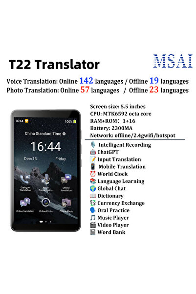 Choice T22 MSAI T22 Translator 142 Languages AI Translate 2300mAh 1+16GB Full...