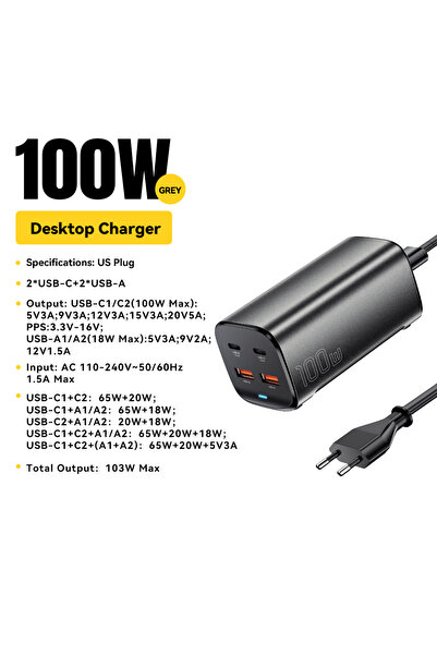 Choice1 100W EU Plug Essager 100W GaN Charger Desktop Laptop Fast Charger 65W...