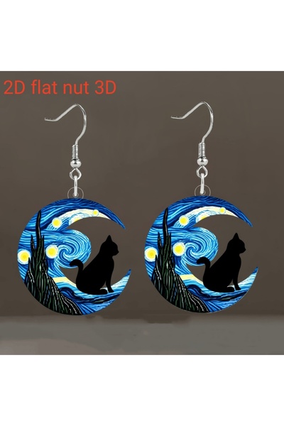 Choice black 1 pair of Van Gogh starry sky pattern acrylic earrings, moon bla...