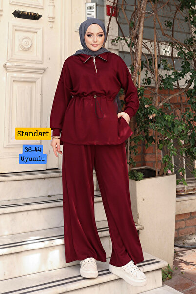 Mogi Butik Women's Oversize Cut Zippered Collar Gathered Waist Modal Suit 322...