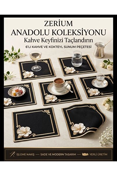 ZERİUM Premium 6’lı Kokteyl ve Kahve Altı Sunum Peçetesi İncili Çiçek Siyah B...